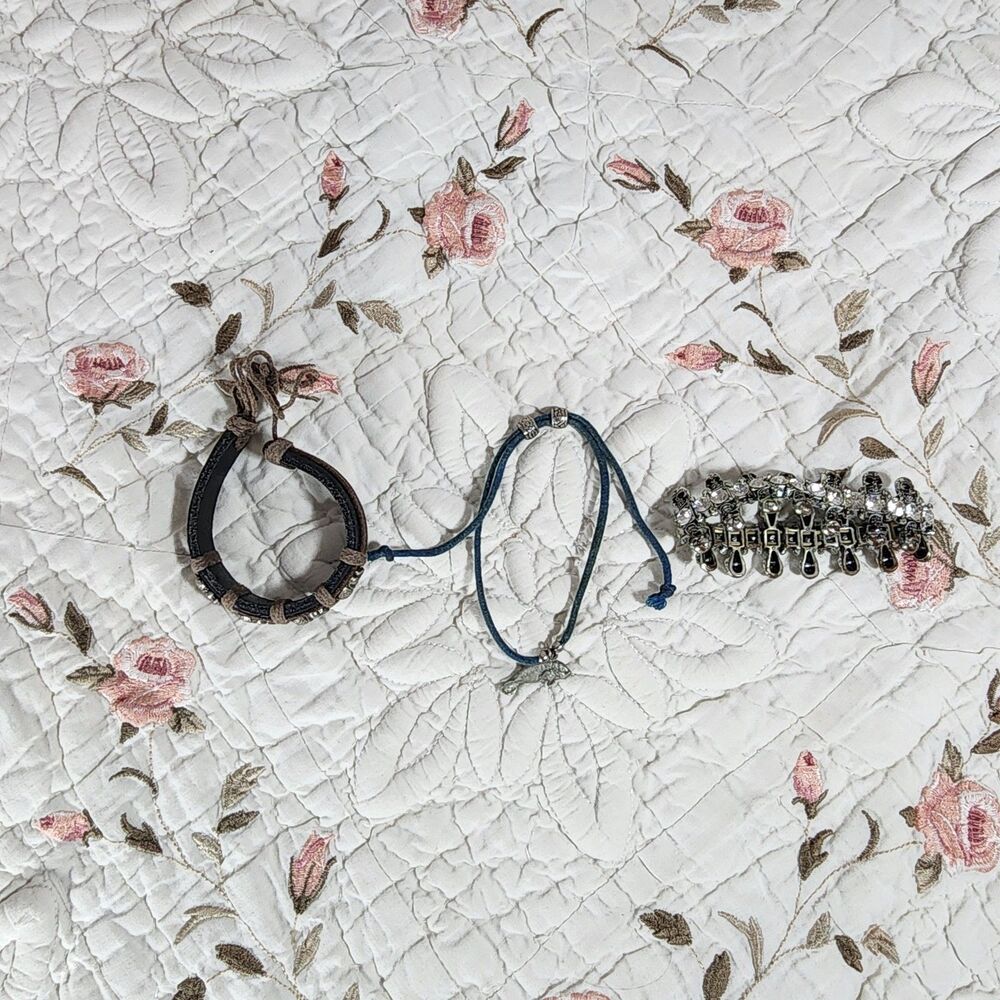 Vintage & Casual Bracelet Lot 3 Pcs - Rhinestone Cuff Leather & Cord Adjustables